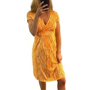 Boden Jersey Day Dress Orange White Print Cap Sleeve Faux Wrap Pullover Size 4